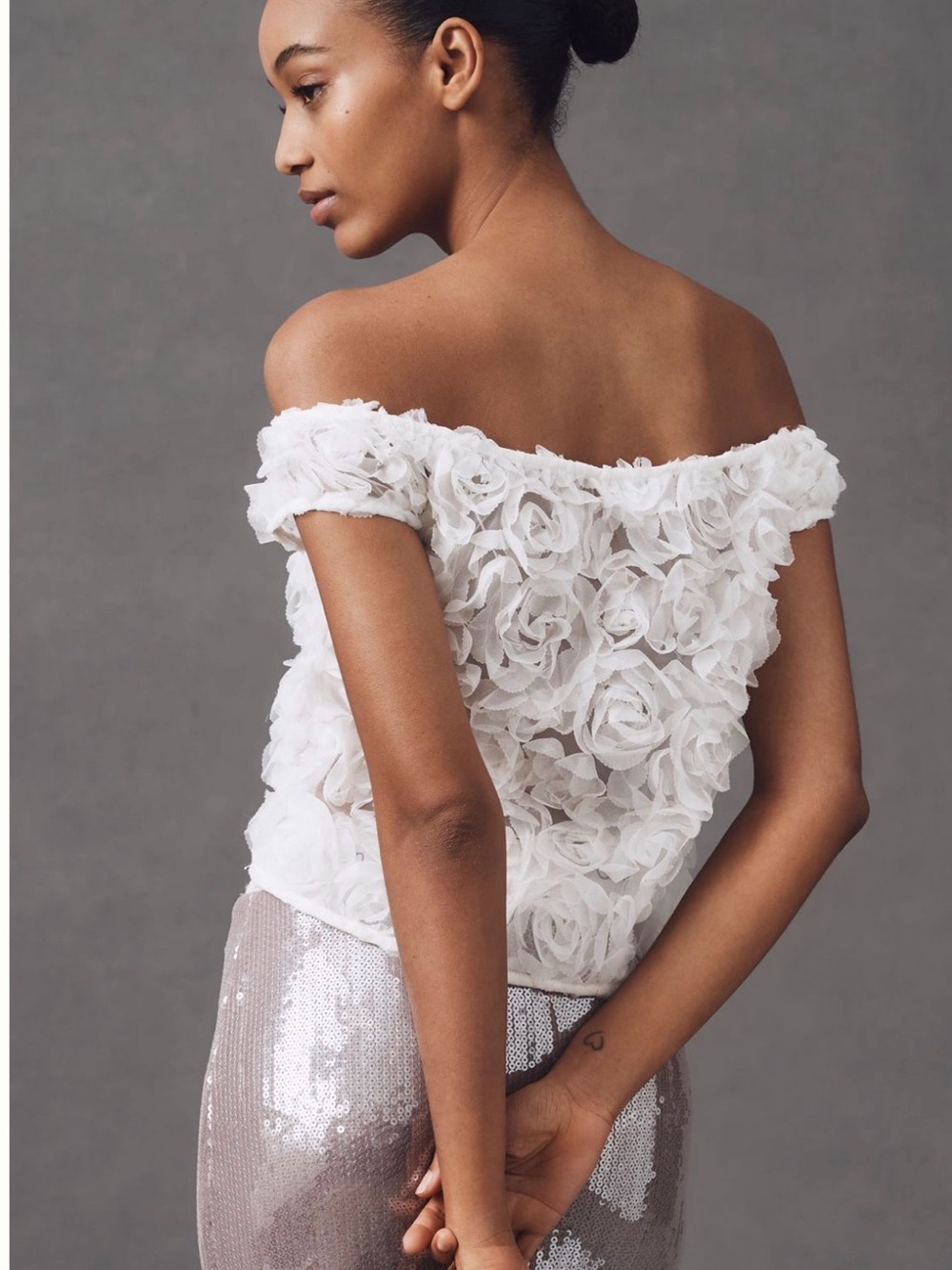 Anthropologie White Off-Shoulder 3D Floral Appliqué Top - Picture 3 of 6